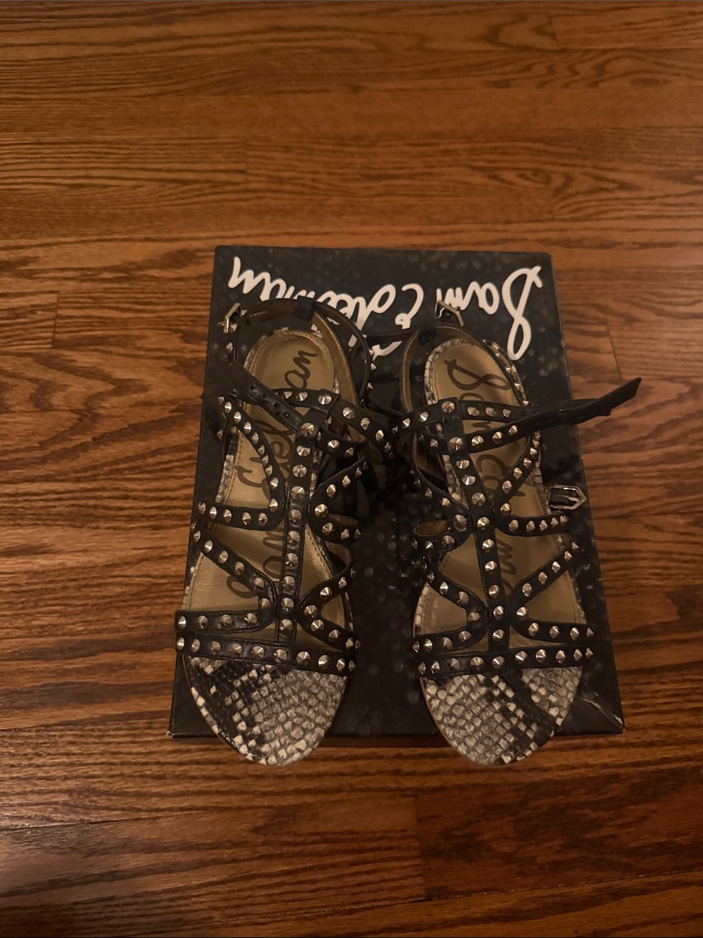 Sam Edelman Black Studded Snake-Print Strappy Sandals